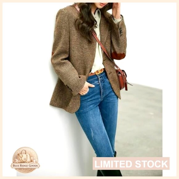 Wool Blend Blazer Classic Plaid Business Casual Work Coat Elegant Retro - Picture 2 of 7